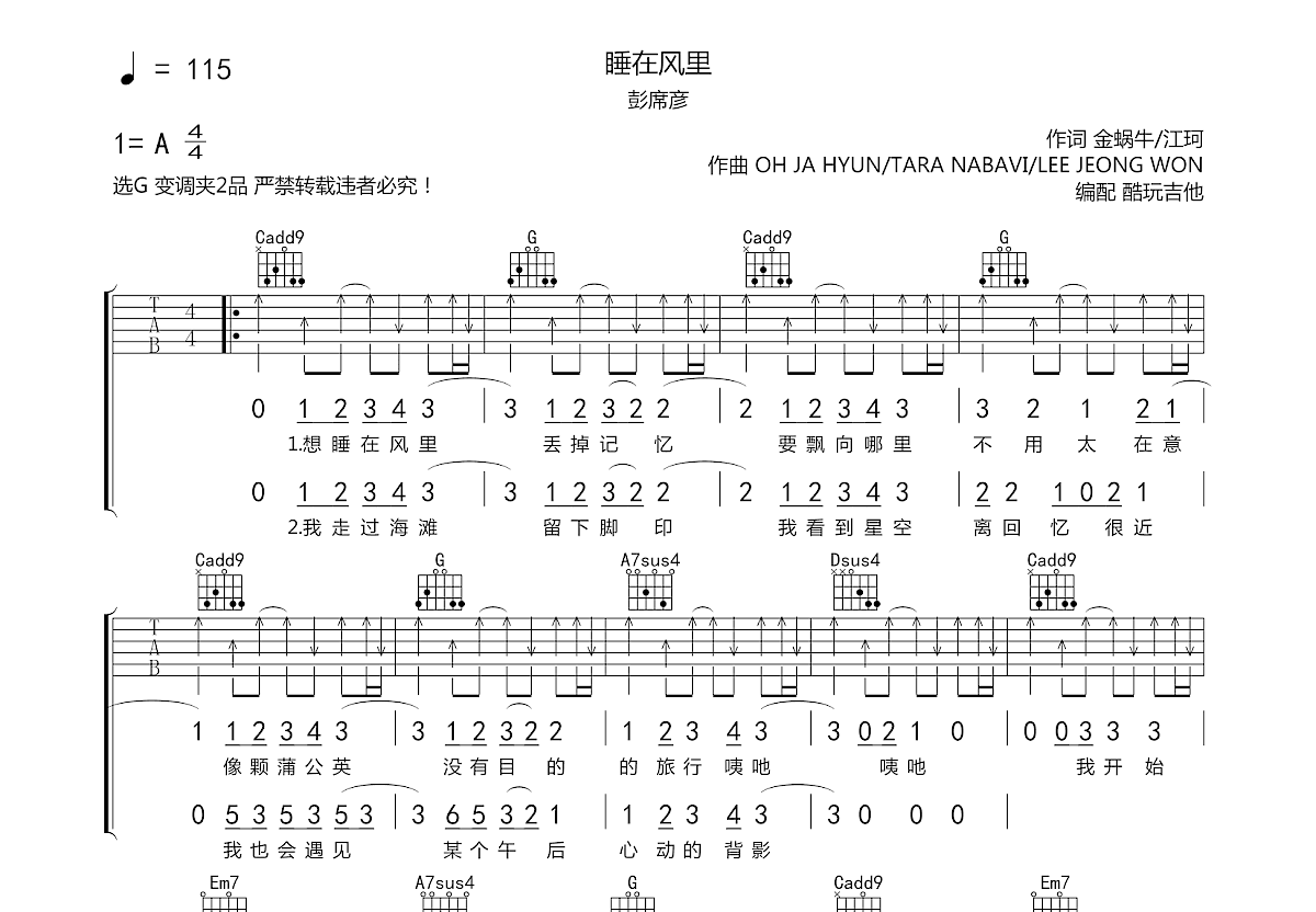 睡在风里吉他谱预览图