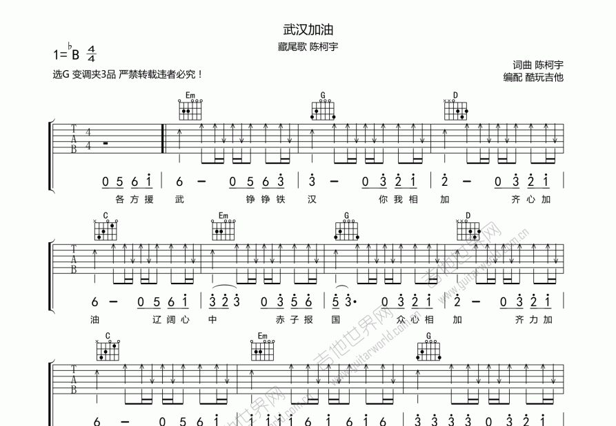 武汉加油吉他谱预览图