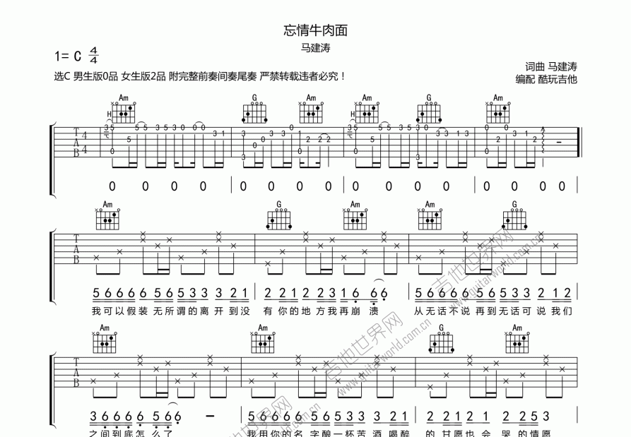 忘情牛肉面吉他谱预览图