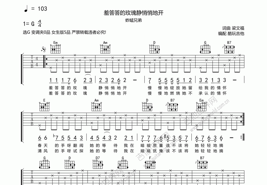 羞答答的玫瑰静悄悄地开吉他谱预览图