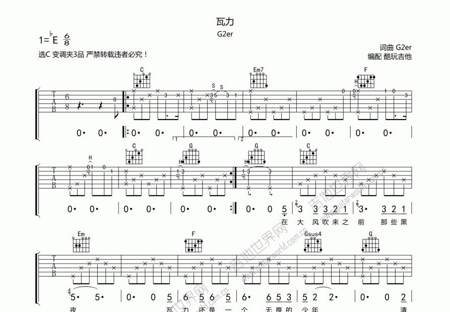 瓦力吉他谱预览图
