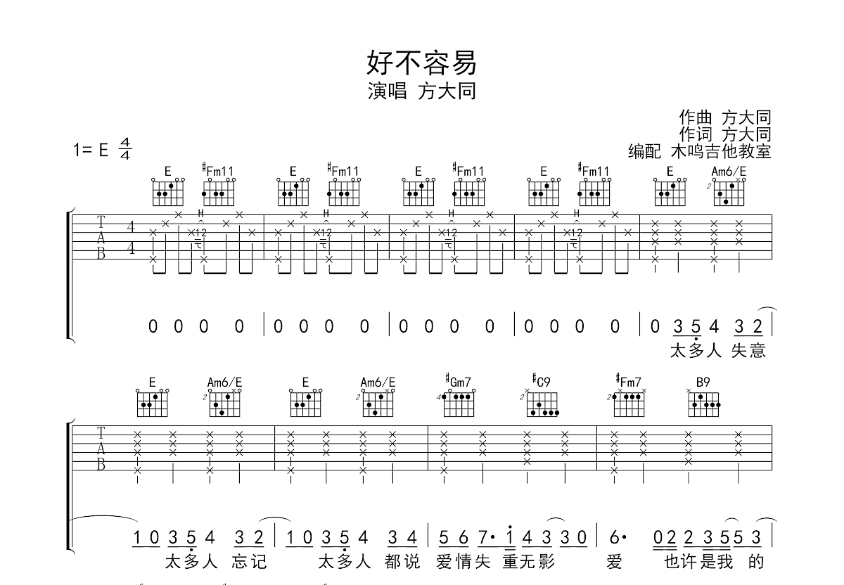 好不容易吉他谱预览图