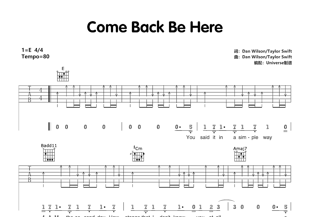 Come Back Be Here吉他谱预览图