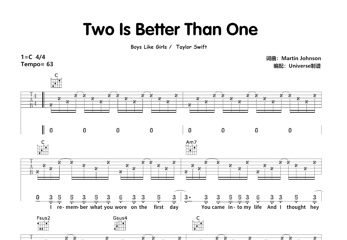 Two Is Better Than One吉他谱_Boys Like Girls,Taylor Swift_C调弹唱