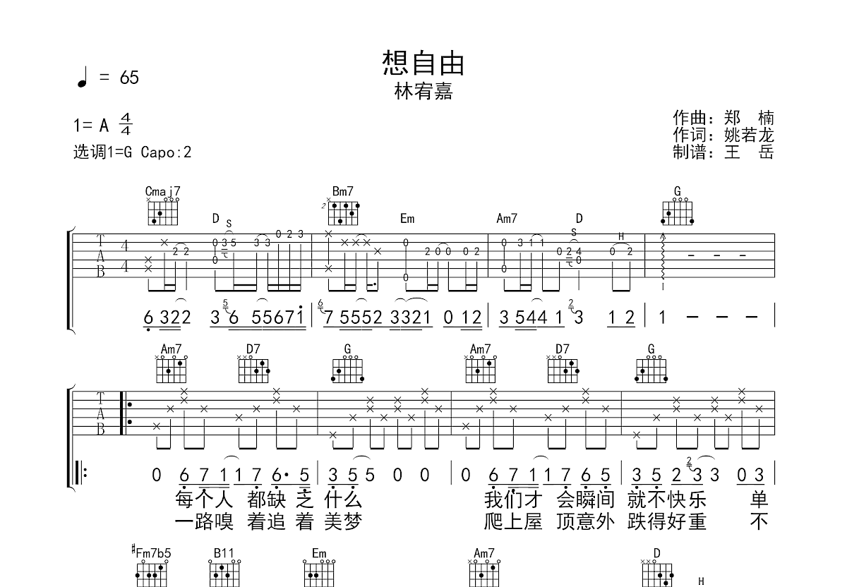 想自由吉他谱_林宥嘉_G调弹唱