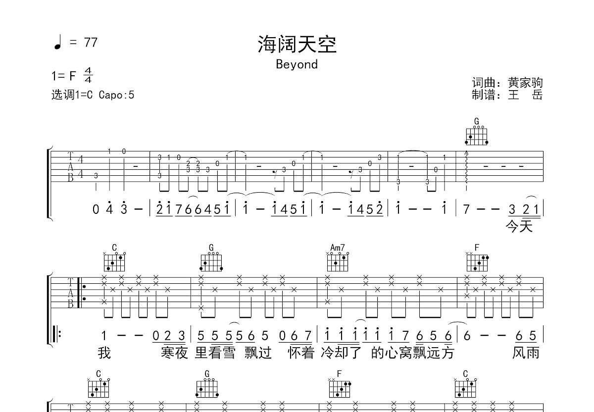 海阔天空吉他谱预览图