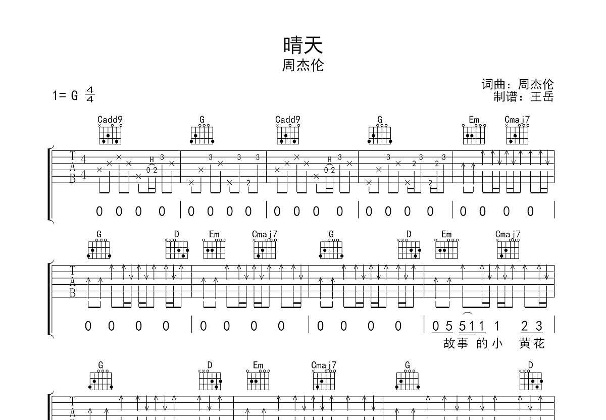 晴天吉他谱预览图