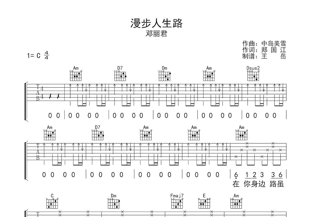 漫步人生路吉他谱预览图