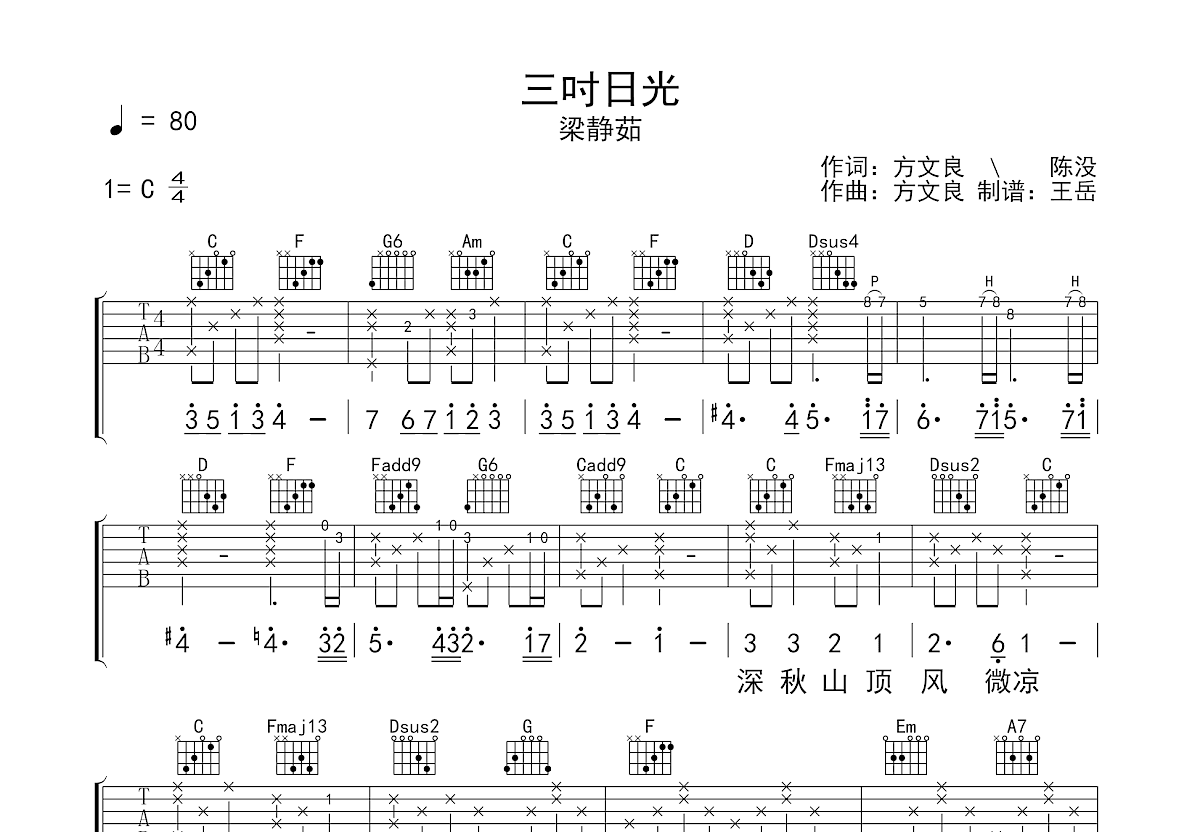 三吋日光吉他谱_梁静茹_C调弹唱