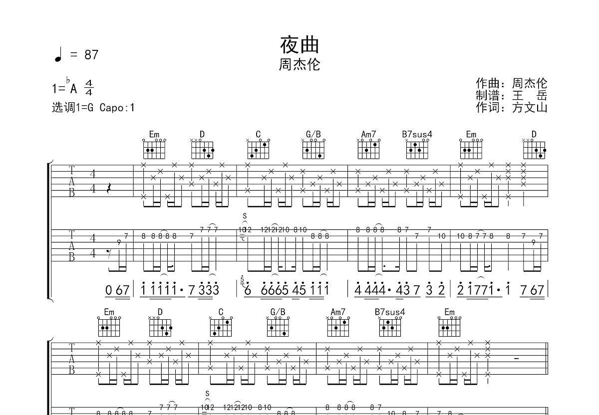 夜曲吉他谱预览图