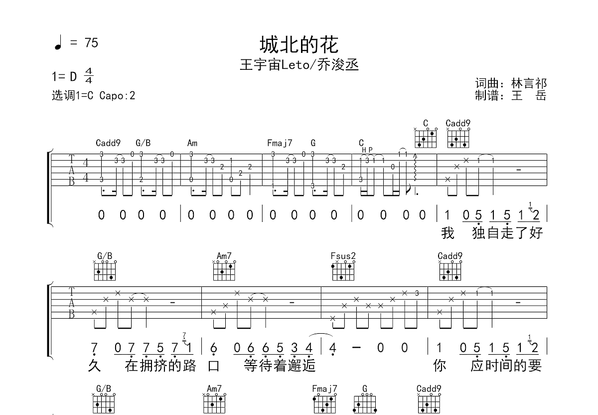 城北的花吉他谱_王宇宙Leto,乔浚丞_C调弹唱