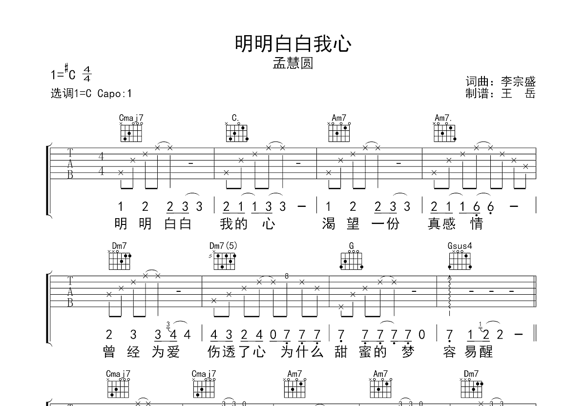 明明白白我的心吉他谱预览图