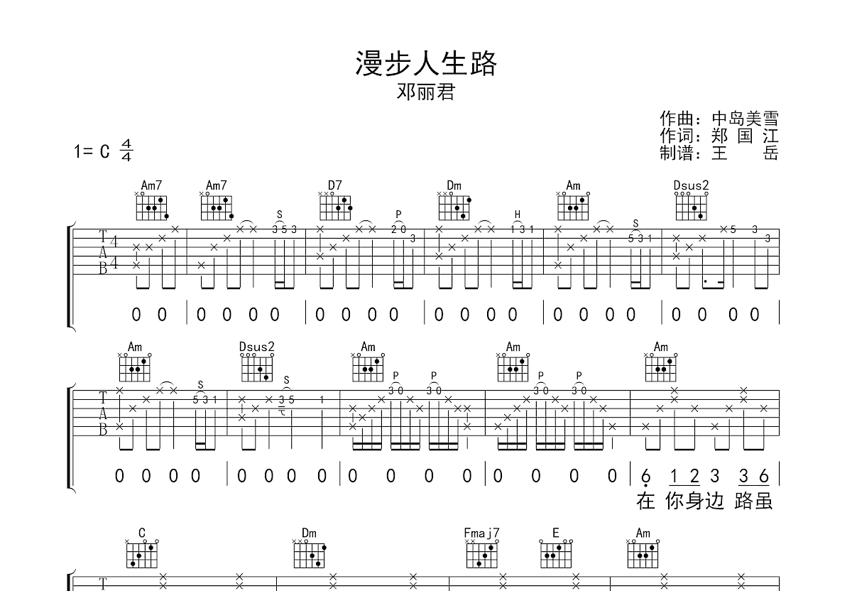 漫步人生路吉他谱预览图