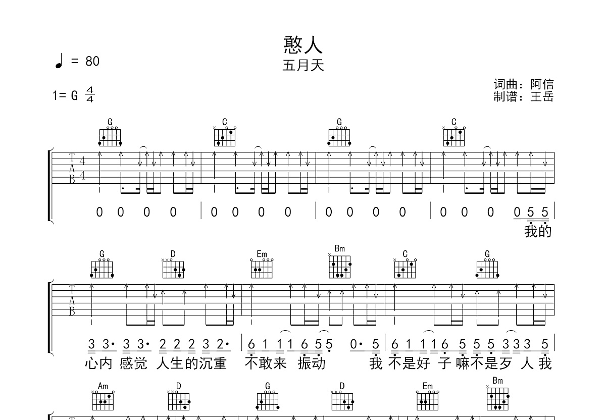 憨人吉他谱_五月天_G调弹唱