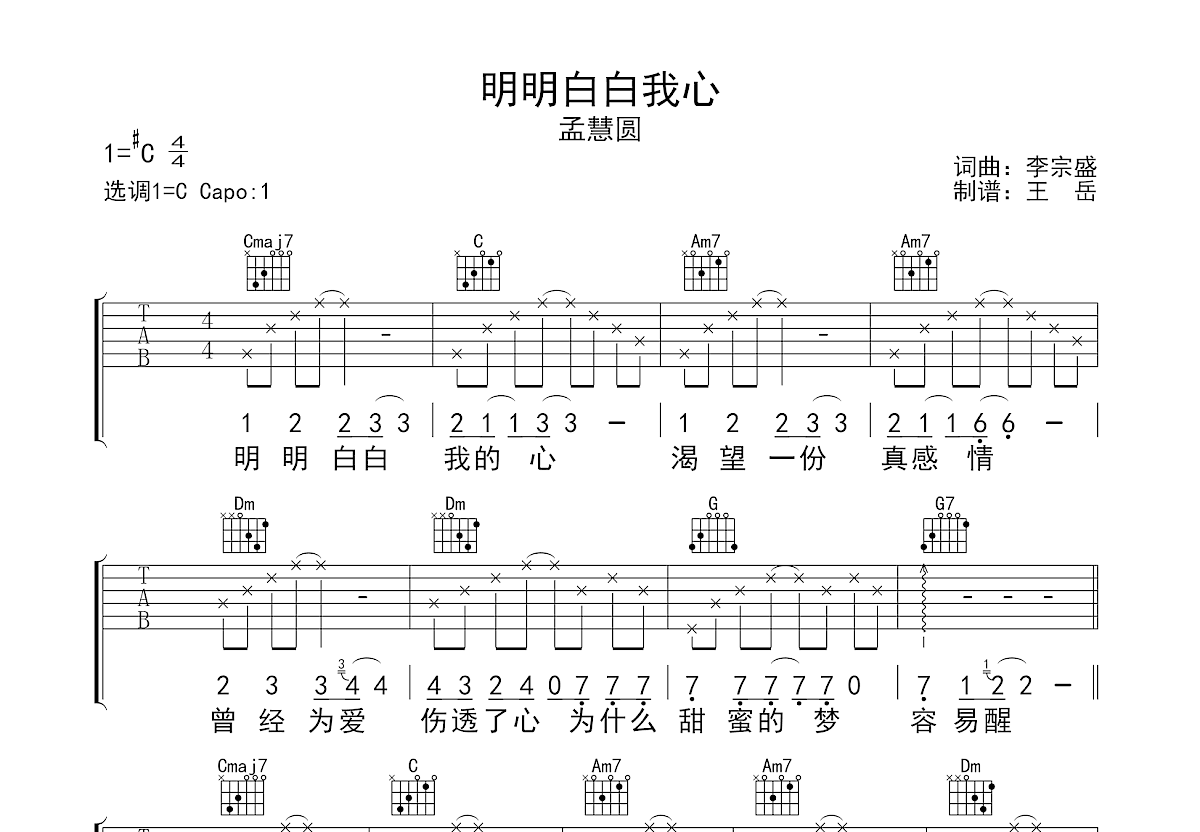 明明白白我的心吉他谱预览图