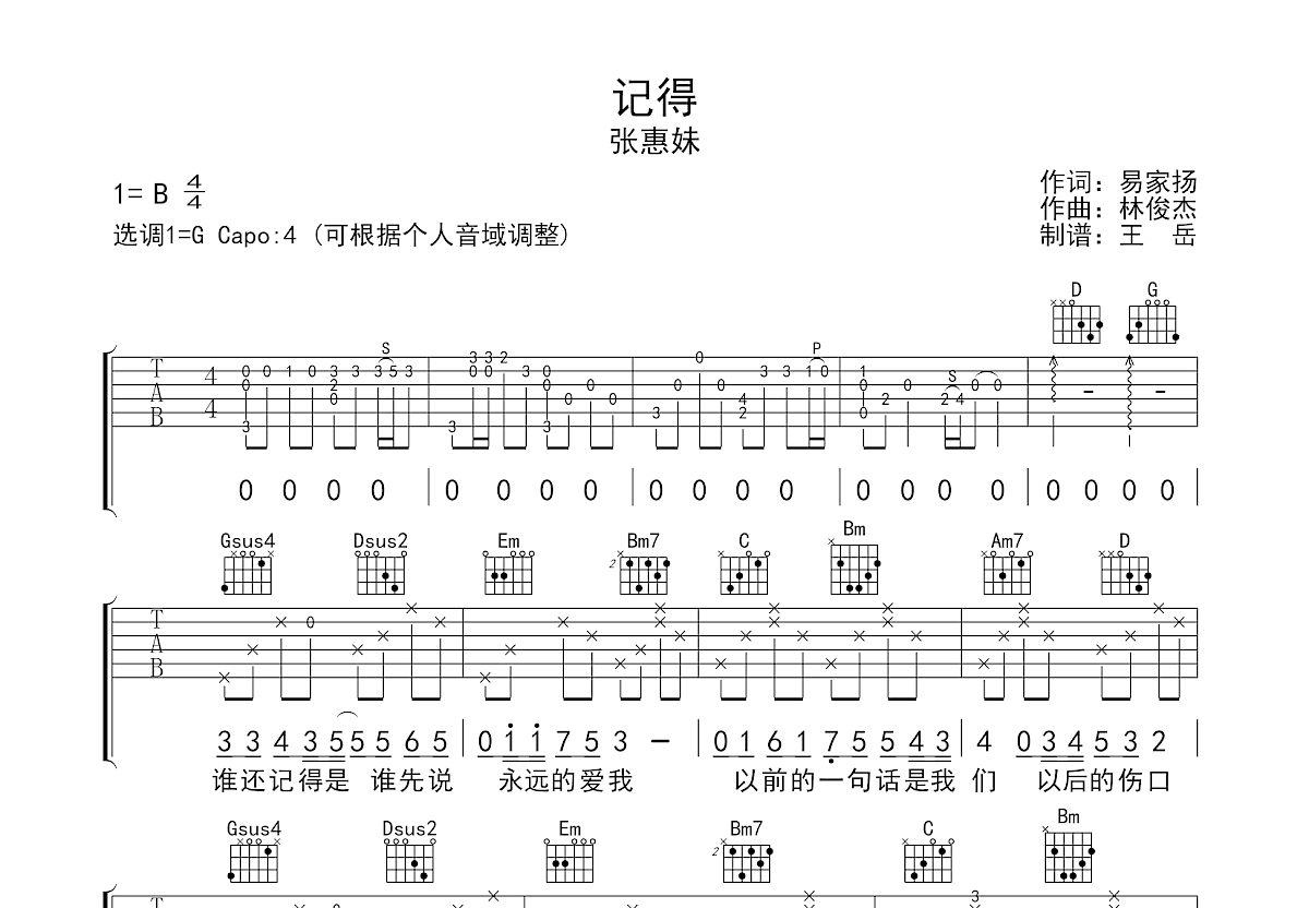 记得吉他谱预览图