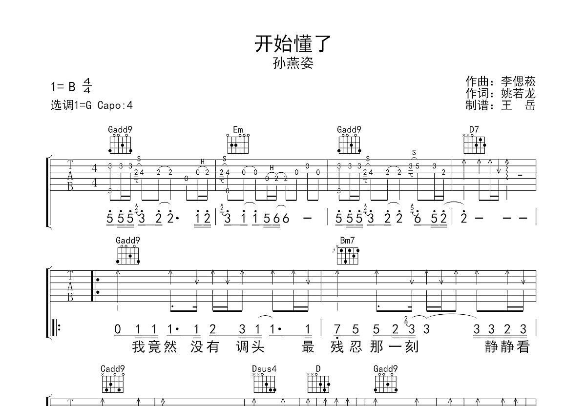 开始懂了吉他谱预览图