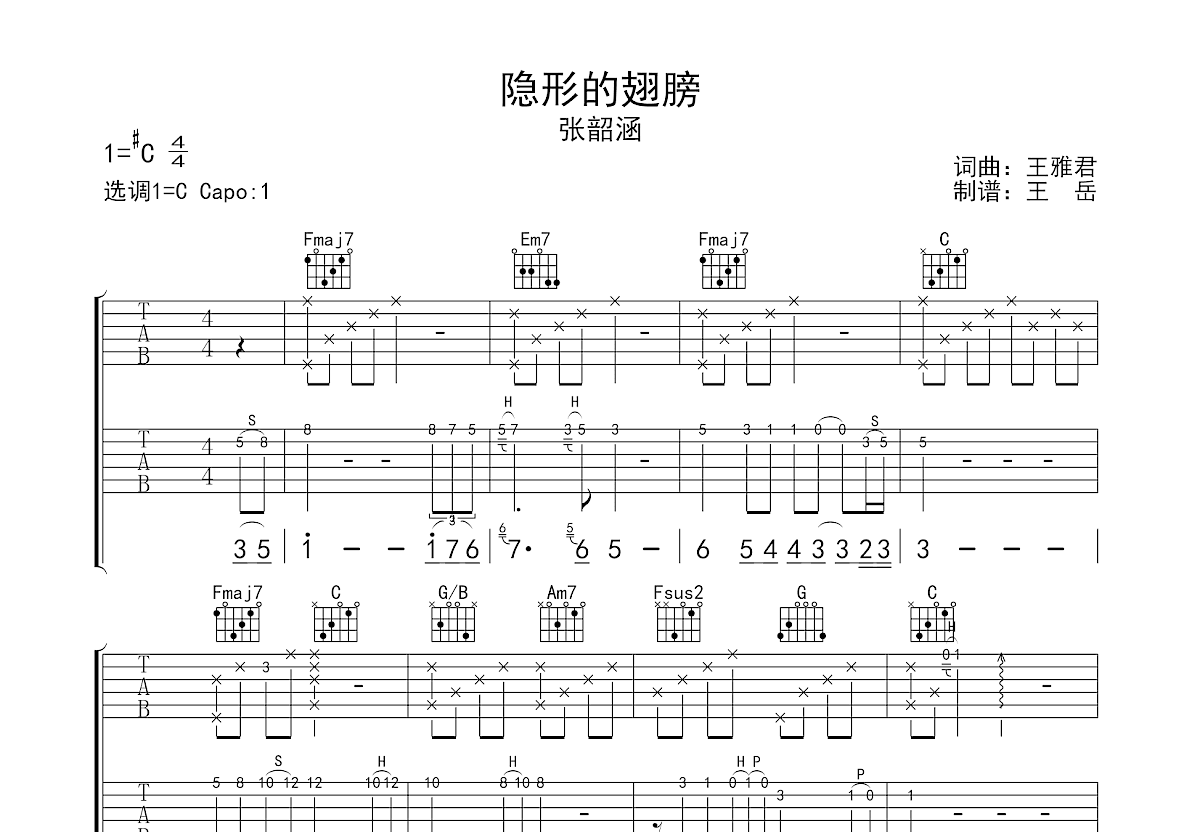 隐形的翅膀吉他谱_张韶涵_C调弹唱