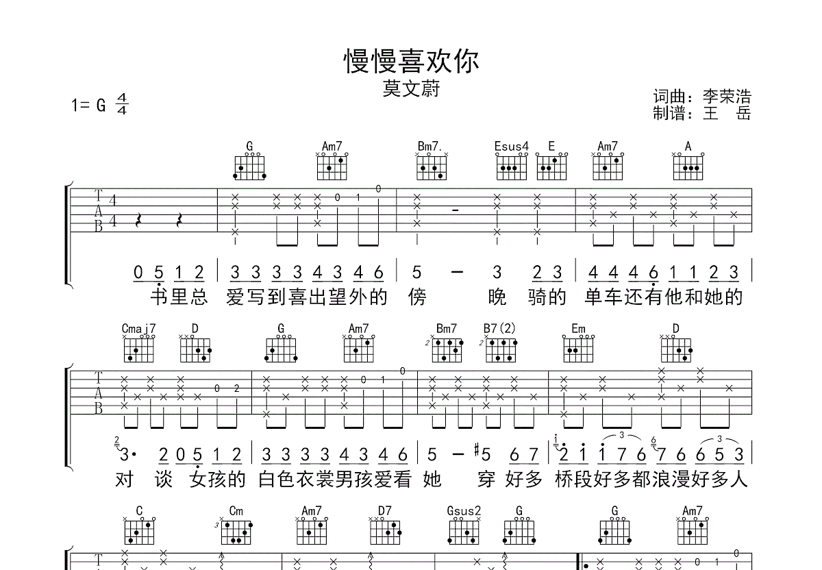 慢慢喜欢你吉他谱预览图