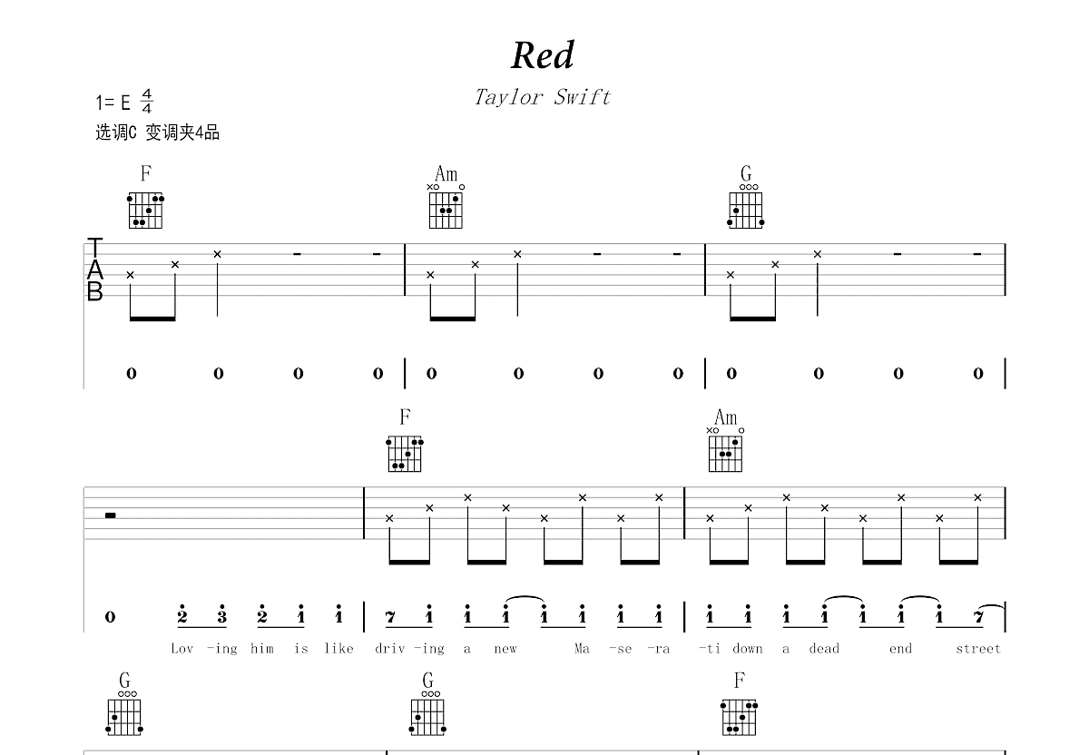 Red吉他谱预览图