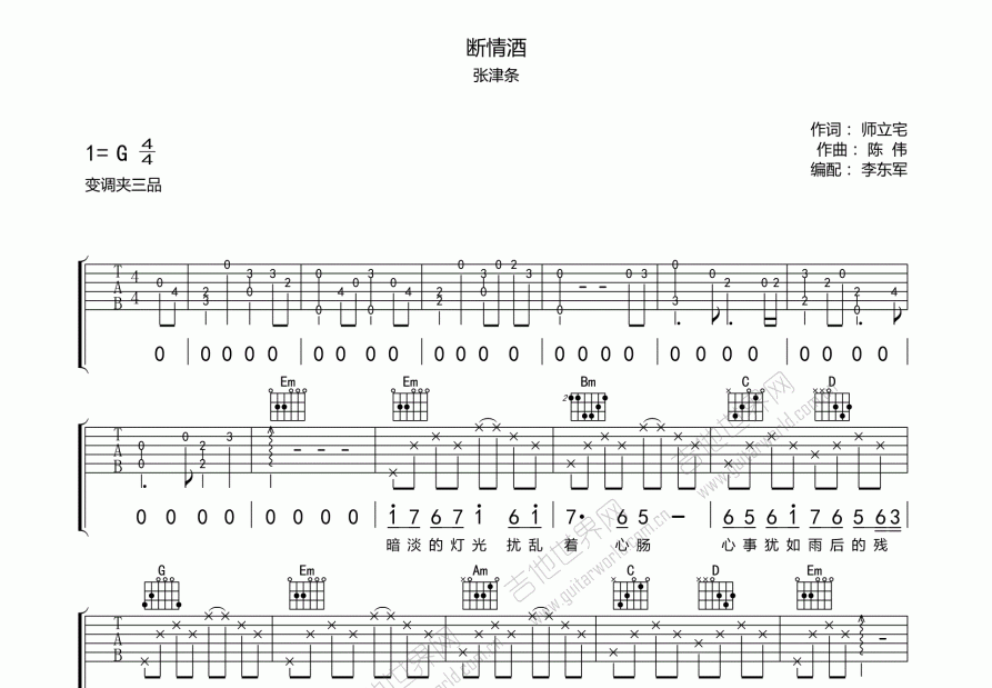 断情酒吉他谱_张津条_G调弹唱
