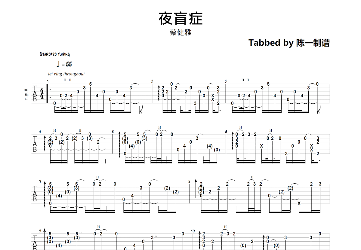 夜盲症吉他谱预览图