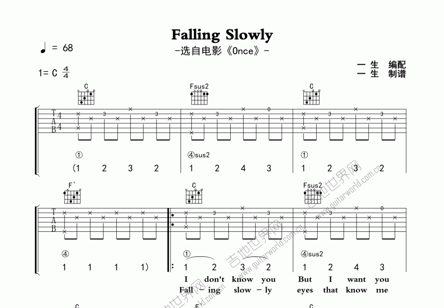 Falling Slowly吉他谱预览图