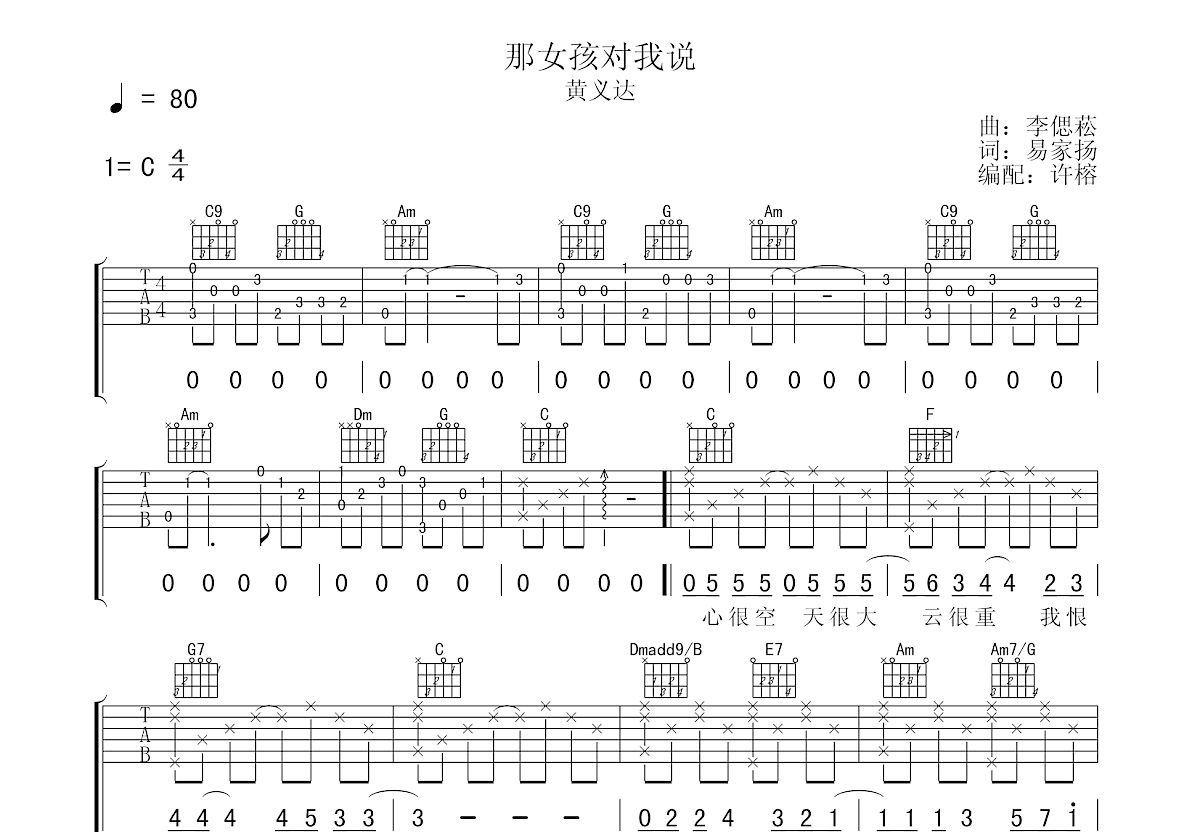 那女孩对我说吉他谱预览图