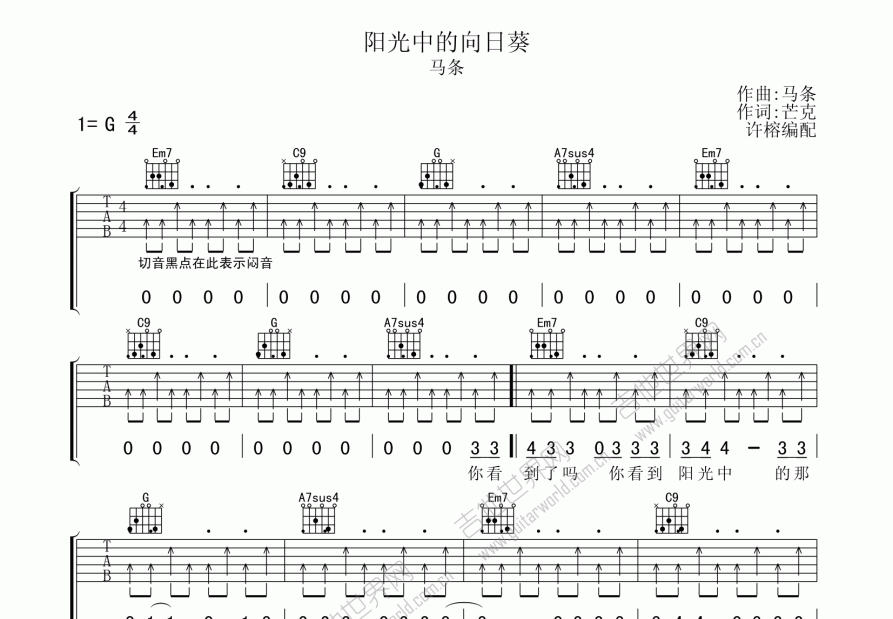 阳光中的向日葵吉他谱预览图