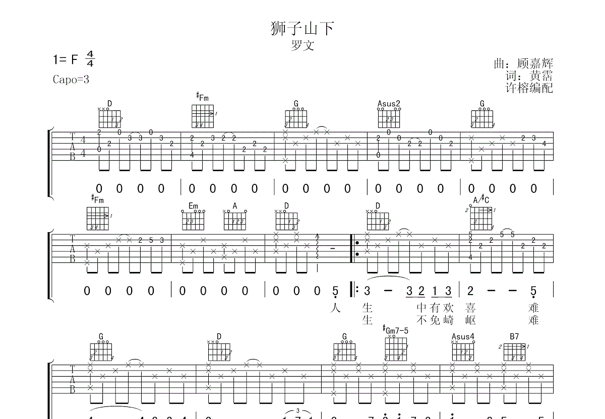 狮子山下吉他谱预览图