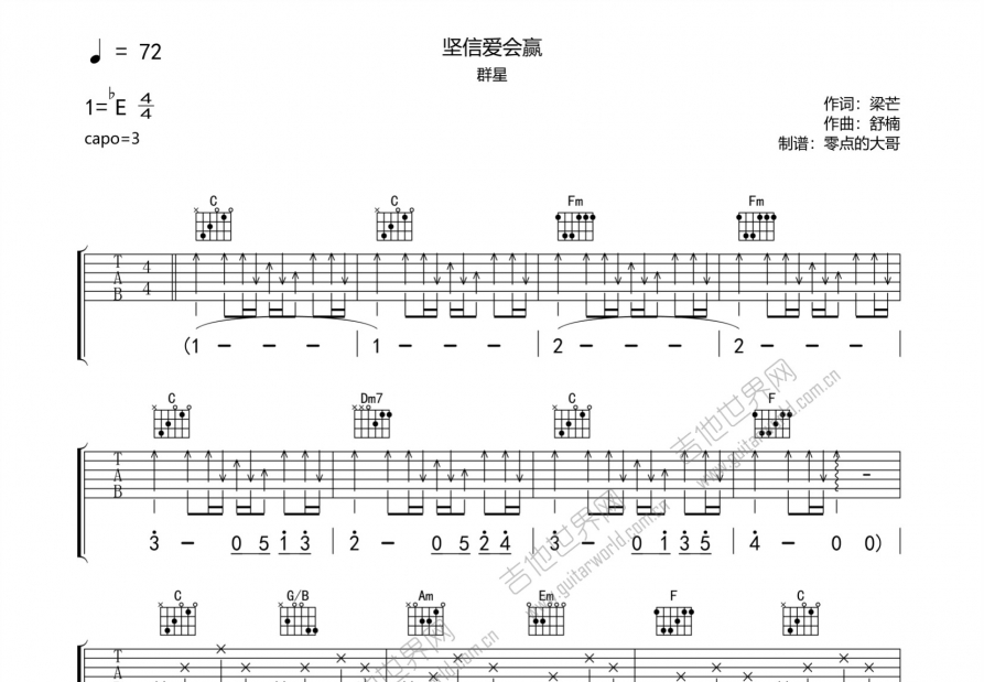 坚信爱会赢吉他谱预览图