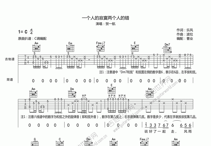 一个人的寂寞两个人的错吉他谱预览图