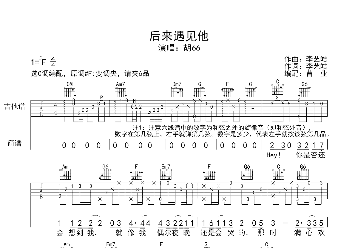 后来遇见他吉他谱预览图