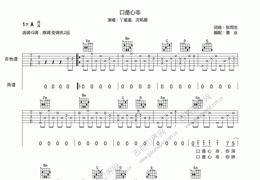 口是心非吉他谱预览图