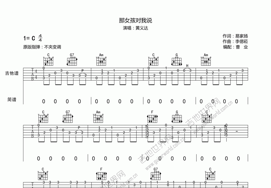 那女孩对我说吉他谱预览图