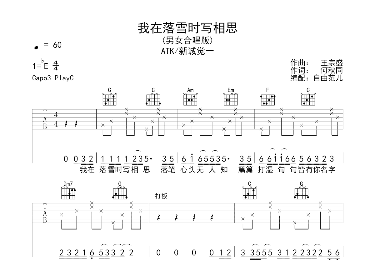 我在落雪时写相思吉他谱预览图