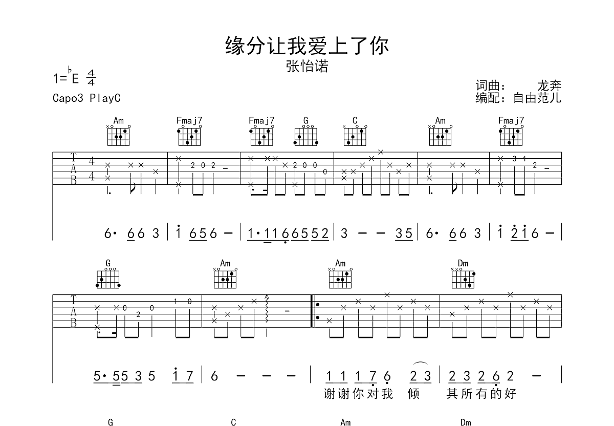 缘分让我爱上了你吉他谱预览图