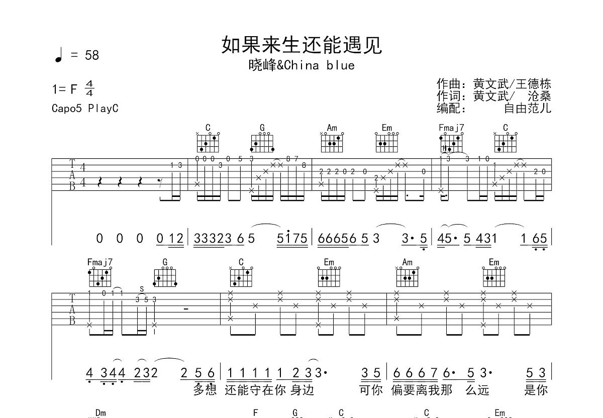 如果来生还能遇见吉他谱预览图