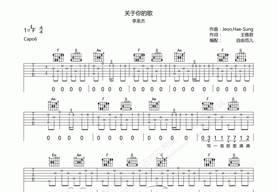 关于你的歌吉他谱预览图