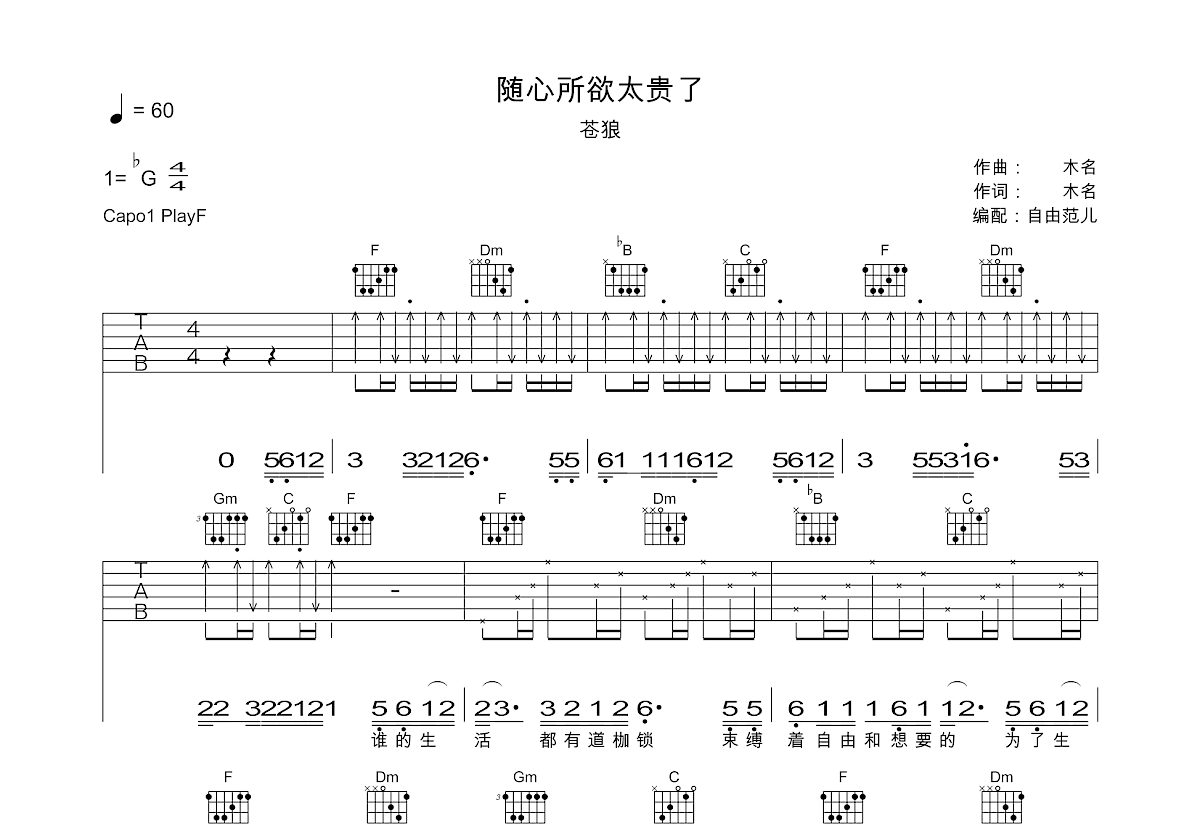 随心所欲太贵了吉他谱预览图