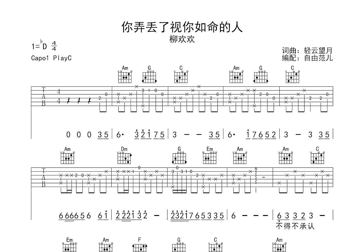 你弄丢了视你如命的人吉他谱预览图