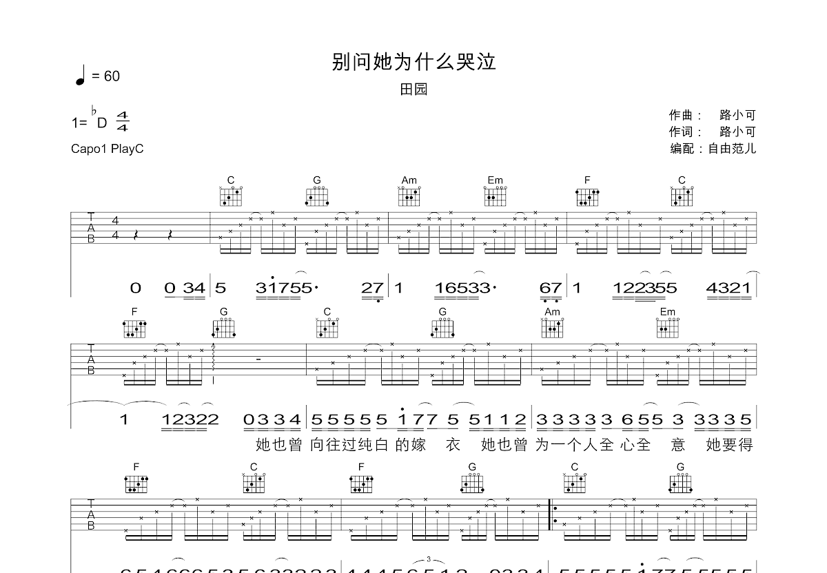 别问她为什么哭泣吉他谱_田园_C调弹唱