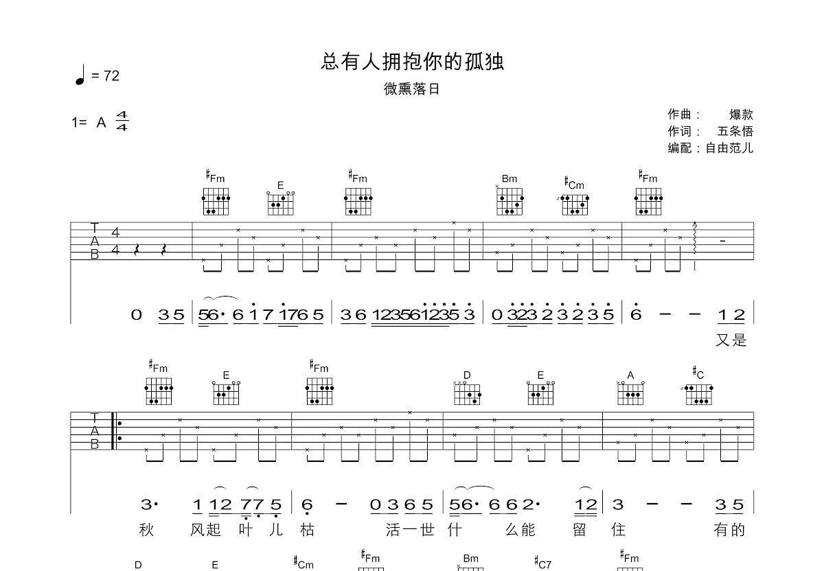 总有人拥抱你的孤独吉他谱预览图