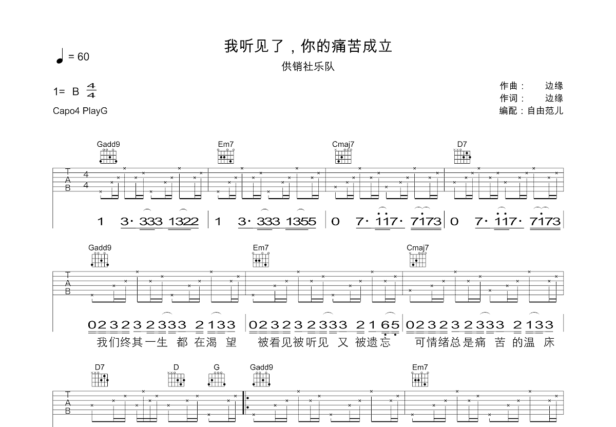 我听见了，你的痛苦成立吉他谱预览图