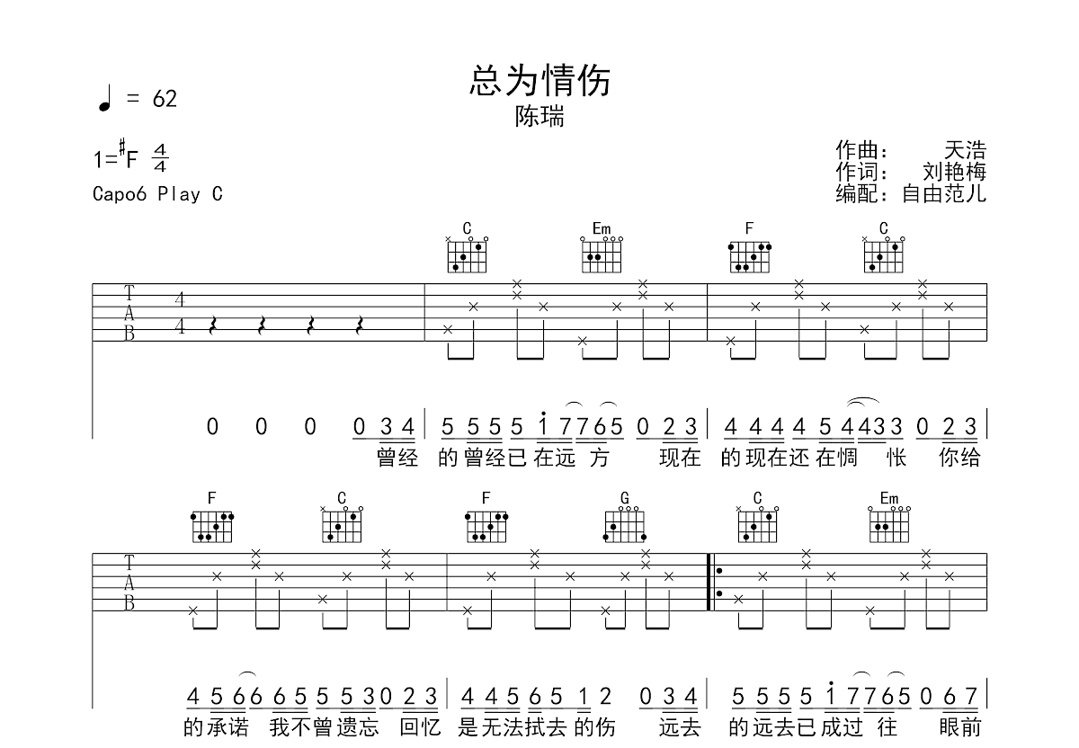 总为情伤吉他谱预览图