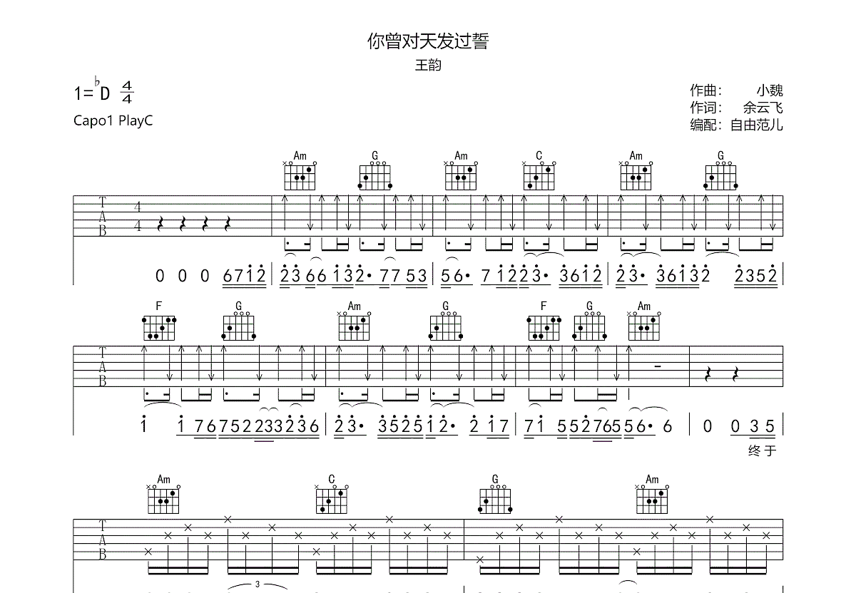 你曾对天发过誓吉他谱预览图