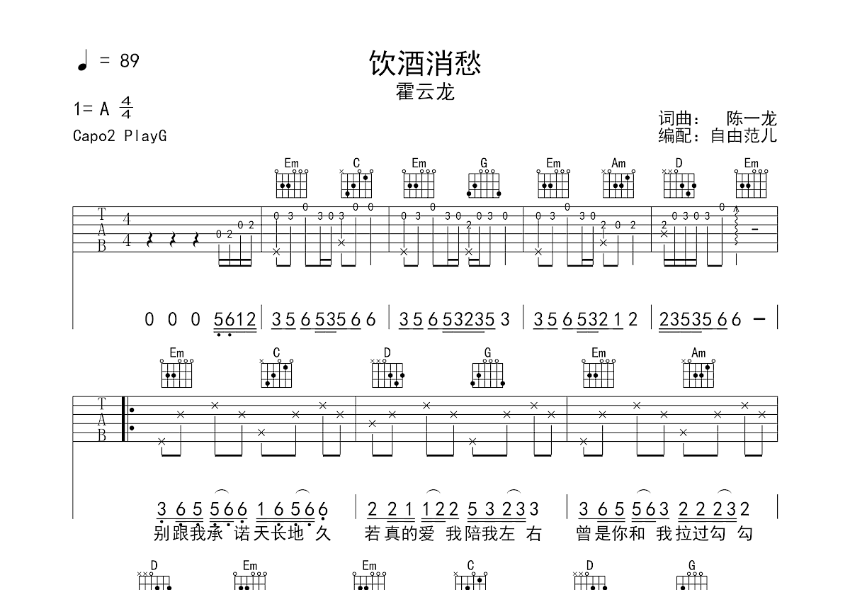 饮酒消愁吉他谱预览图