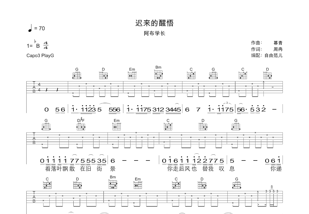 迟来的醒悟吉他谱预览图
