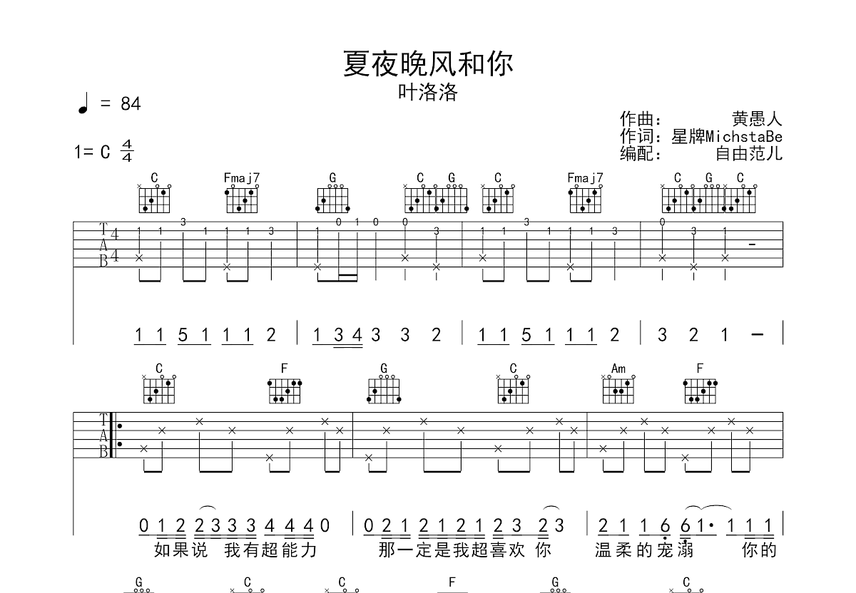 夏夜晚风和你吉他谱预览图