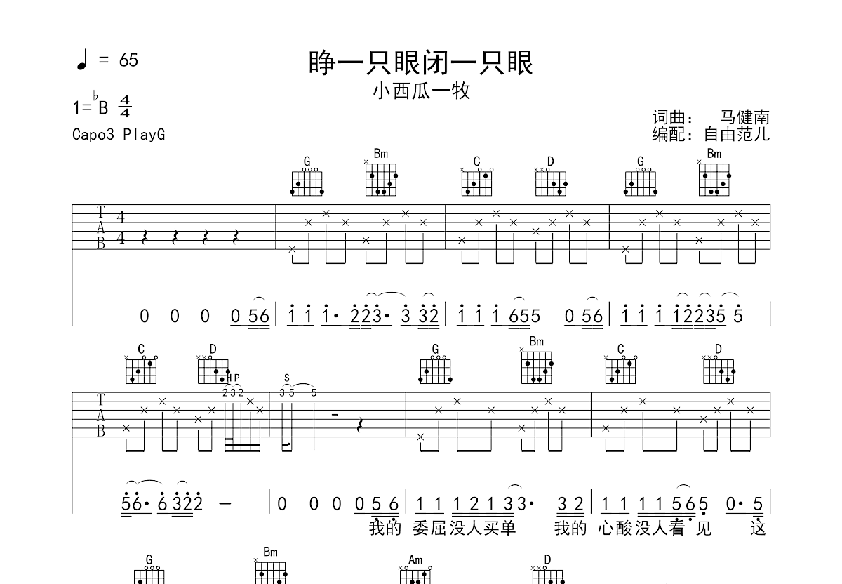 睁一只眼闭一只眼吉他谱预览图